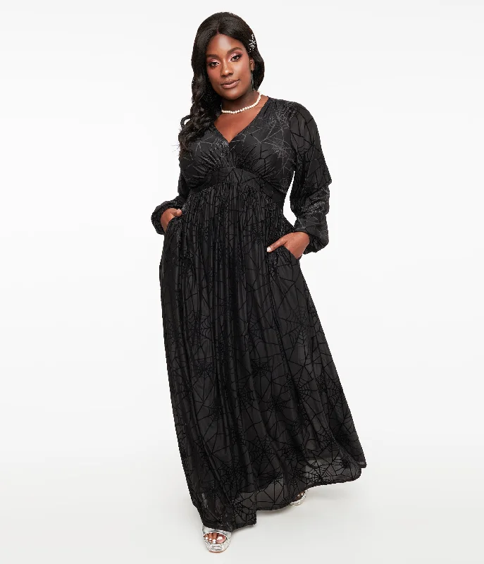 Laid-Back Fashion Offers Buy More, Save More Unique Vintage Plus Size 1970s Black Spiderweb Maxi Dress