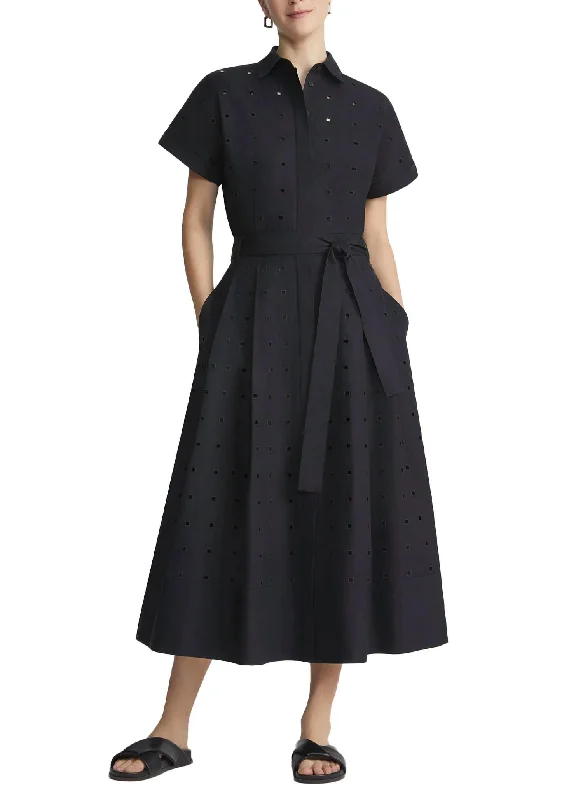 Hot Deals Everyday Glamour Hand-Cut Block Eyelet Shirt Dress In Black