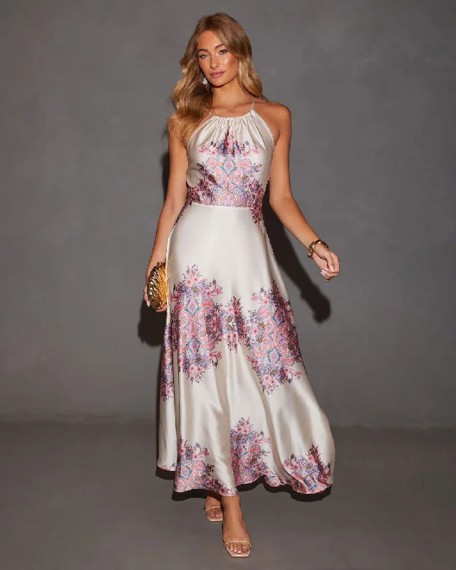 Fashion Forward Sophisticated Cut Marianne Satin Halter Printed Maxi Dress