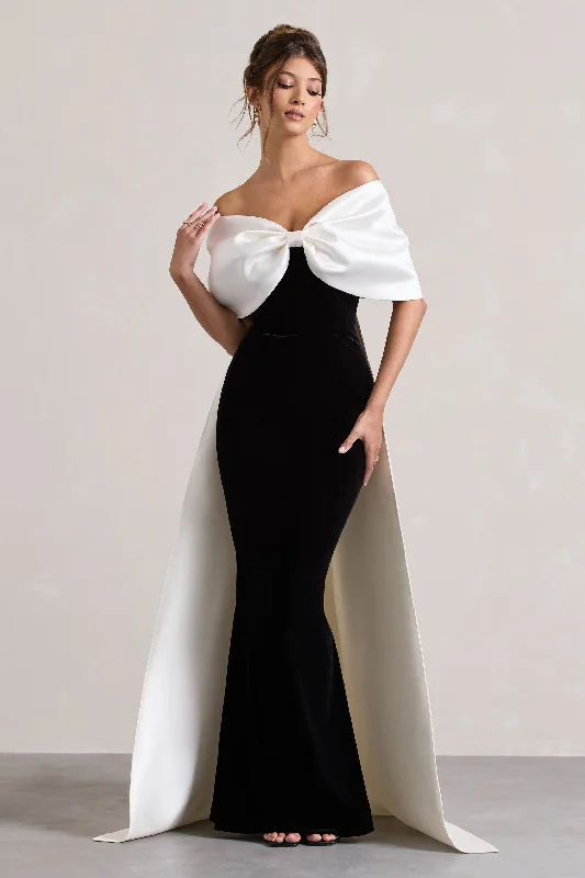 Limited Stock Celebrate with Big Savings Wanting More | Black & White Satin Cape Maxi Dress With Oversized Bow