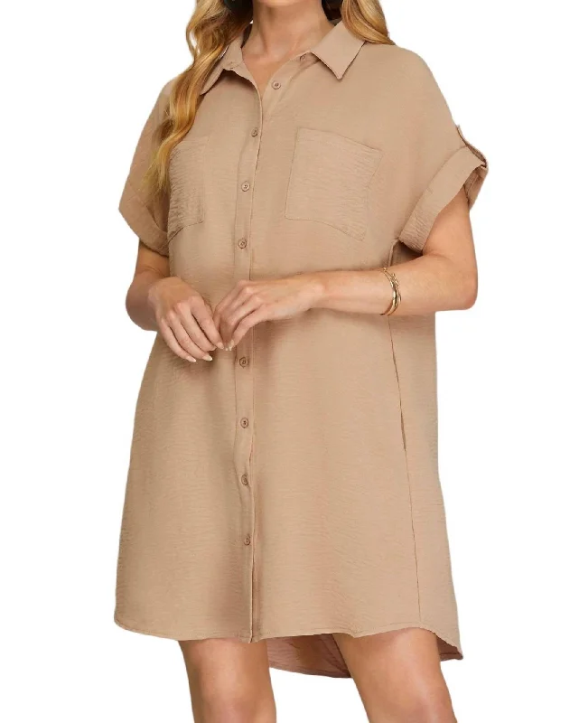 Premium Fashion Minimalist Office - Ready Style Drop Shoulder Button Up Shirt Dress In Light Mocha