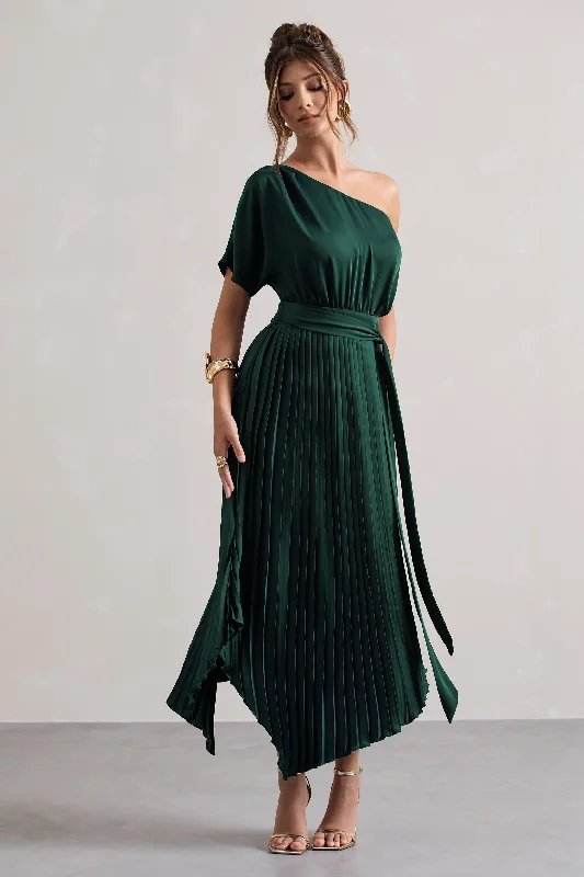 Street Style Discounts Playful Elegance India | Bottle Green Satin Asymmetric Plisse Maxi Dress