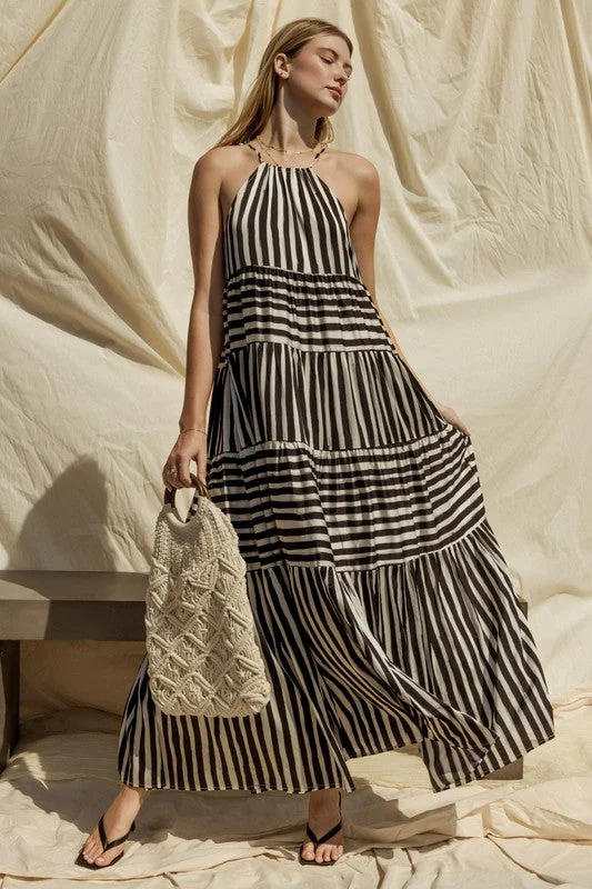 Chic And Trendy Effortless Sophistication Hot Girl Resort Dream Striped Tiered Maxi Dress