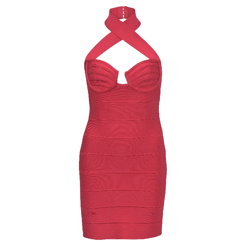 Trendy Looks On Sale Elegant Details Herve Leger Halter Neck Bodycon Dress in Red Polyester