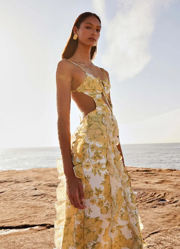 Sporty Fashion Offers Save on Inspired Styles Sunset Kisses Ruffle Maxi Dress - Daffodil