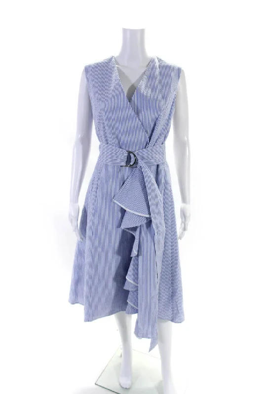 New Arrivals Bold Patterns Adeam Womens Seersucker V-Neck Sleeveless A-Line Hampton Dress Blue