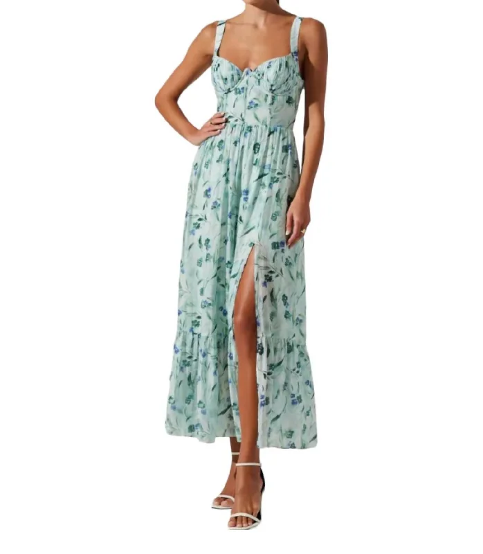 Elegant Style Parisian Effortless Chic Style Kelby Dress In Green Blue Floral