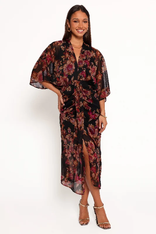 Fashion-Forward Offers Feminine Soft - Hued Styles Audrina Maxi Dress - Deep Night Floral