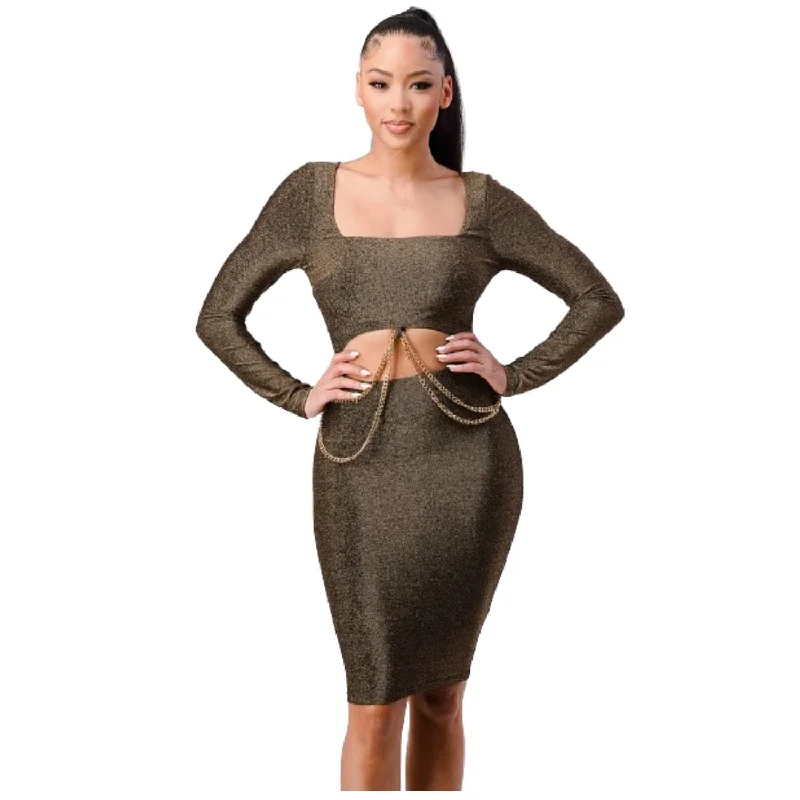 New In This Season Buy More, Save More Luxe Waist Gold Chain Cut-out Detail Square Neck Glitter Bodycon Dress