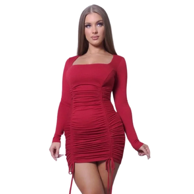 Style Without Limits Dreamy Aesthetic Chic Long Sleeve Square Neck Ruching Tie Basic Dress