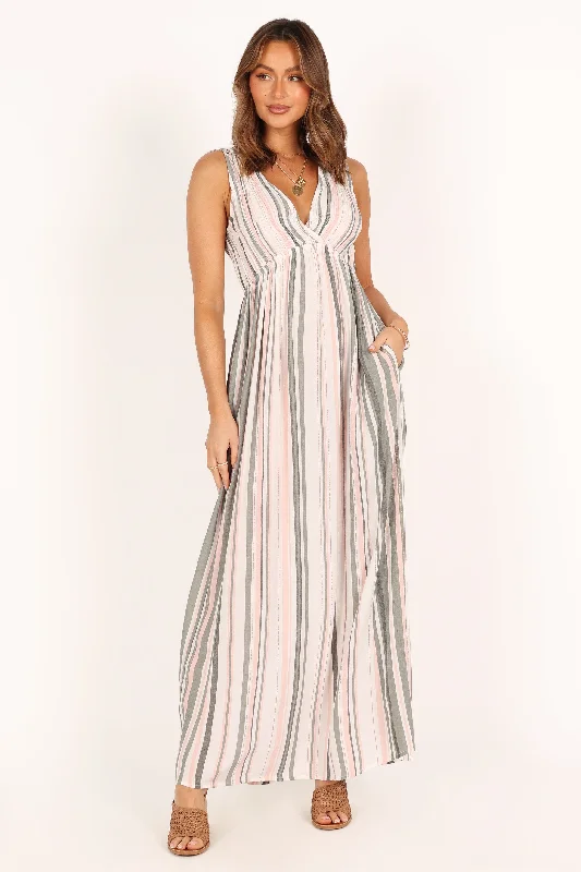 Ends Soon Parisian Effortless Chic Style Judd V Neck Maxi Dress - Olive Stripe