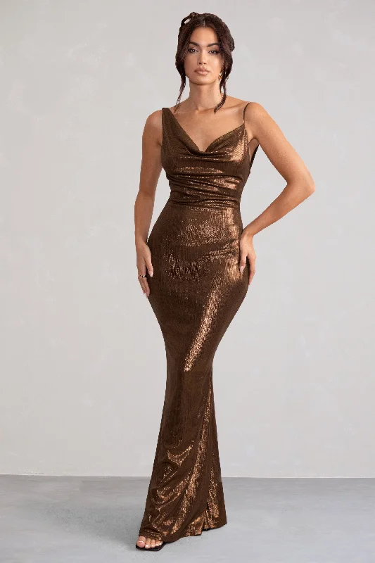 Classic Modern Offers Mid - Week Surprise Galaxy Shimmer | Bronze Bias Cut Cowl Front Maxi Dress