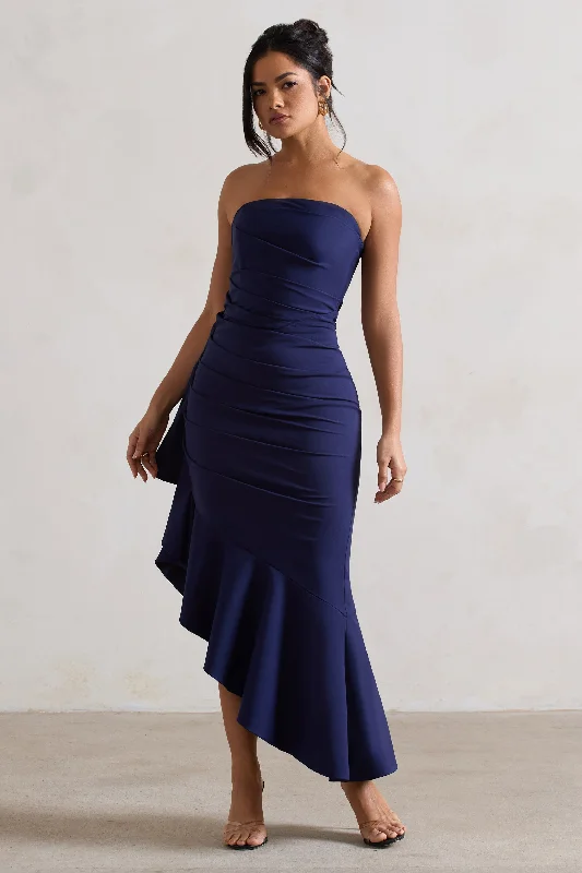 Vibrant Style Promotions End - of - Month Blowout New Age | Navy Strapless Asymmetric Ruffled Maxi Dress