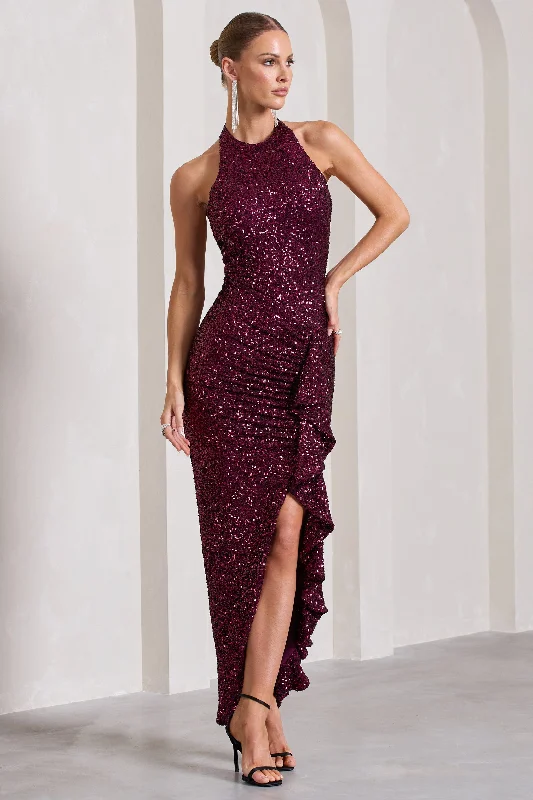 Seasonal Fashion Early Access to Art Deco Styles Sale Under The Stars | Plum Sequin High-Neck Open-Back Maxi Dress With Drape