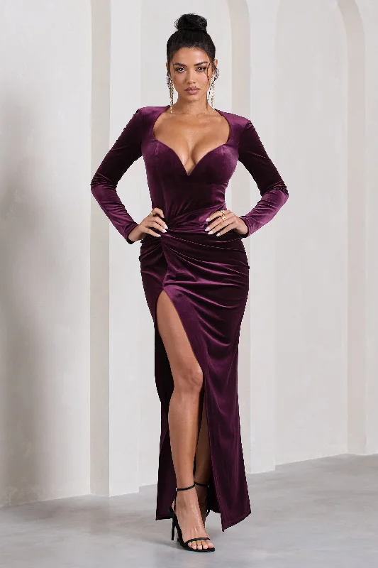 Chic Style, Always In Vogue Luxe Layering Vin Chaud | Dark Purple Velvet Long-Sleeved Split Maxi Dress