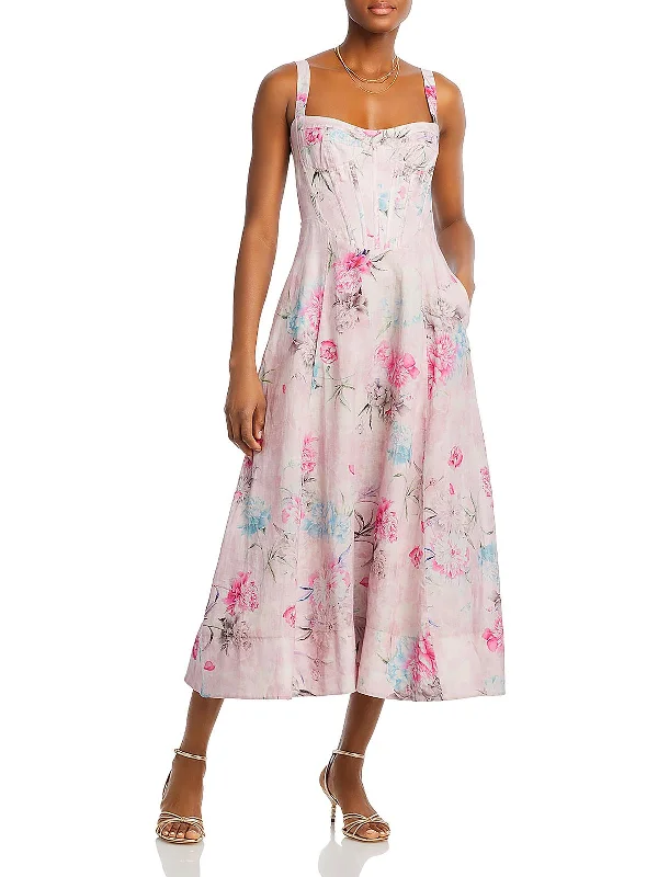 Sophisticated Style Offers Dreamy Aesthetic Womens Corset Top Floral Print Midi Dress