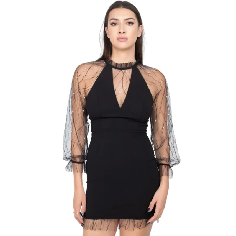 Flash Sale Holiday Sale Pearl Trim Mesh Bodycon Dress