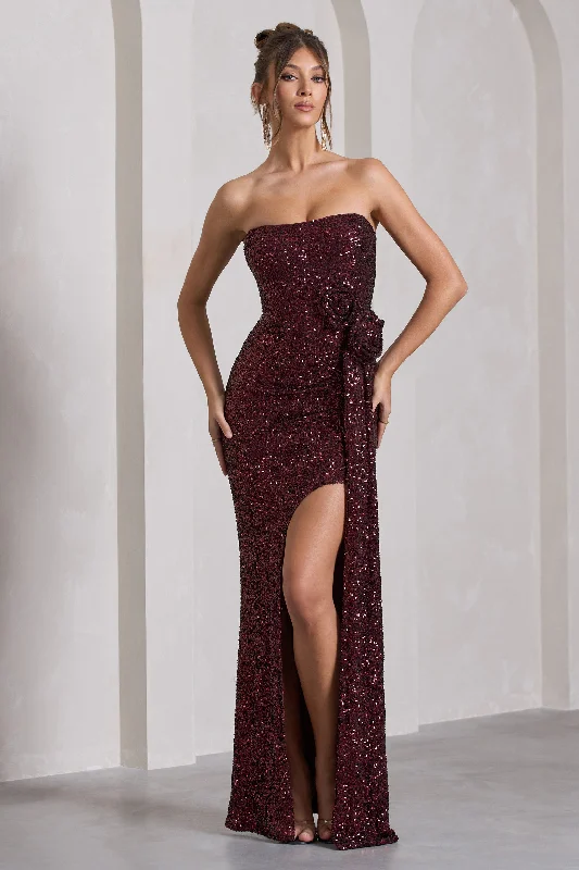 Playful Fashion Offers Mid - Season Sale Alexandria | Burgundy Sequin Corset Maxi Dress With Flowers