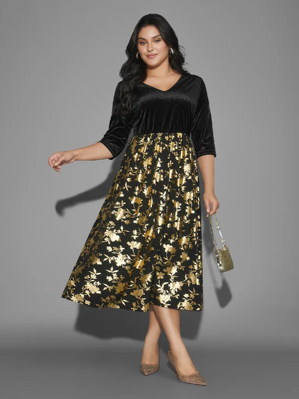 Comfort Meets Fashion Graceful Movement Glitter Floral Patchwork Velvet Midi Dress