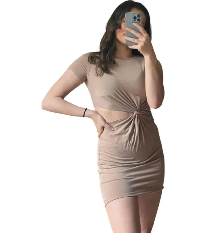 Spring Offer Charming Silhouette Front Twist Cut Out T-Shirt Dress In Mocha