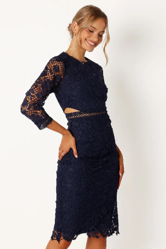 Timeless Elegance Redefined Ethnic Cultural Event Wear Pia Long Sleeve Midi Dress - Navy