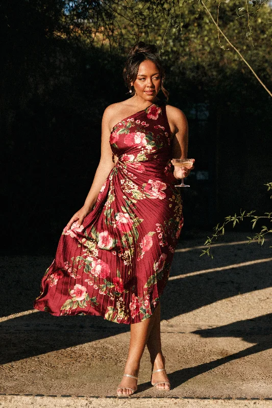 Fashion Frontiers Final Clearance Kleo One Shoulder Maxi Dress - Burgundy Floral