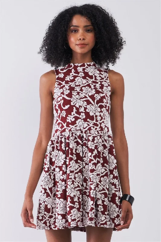 Timeless Elegance Redefined Feminine Soft - Hued Styles Hot Girl Floral Crew Neck Sleeveless Fitted Mini Dress In Burgundy & White