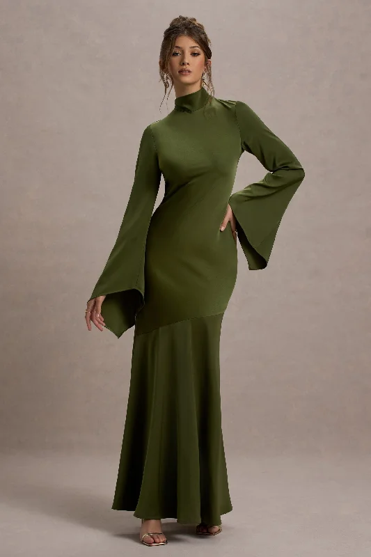 Chic & Modern Sales Limited - Edition Drops Veena | Olive Green Satin High-Neck Maxi Dress