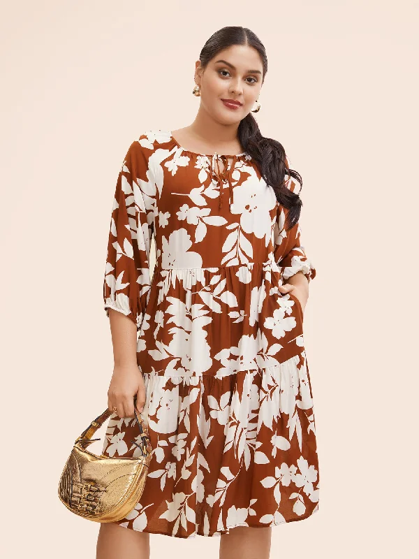 Snag Fabulous Fashion Bargains Flowy Fabric Silhouette Floral Print Knot Neck Lantern Sleeve Dress