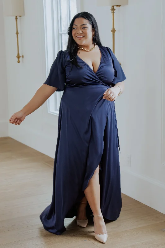 Unleash Your Trendy Side Elegant Details Vara Satin Maxi Wrap Dress | Navy