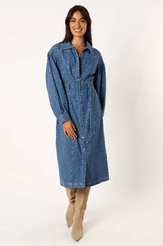 Trendy Women'S Wear Collection Classic Timeless Elegant Style Kocoa Long Sleeve Midi Dress - Denim