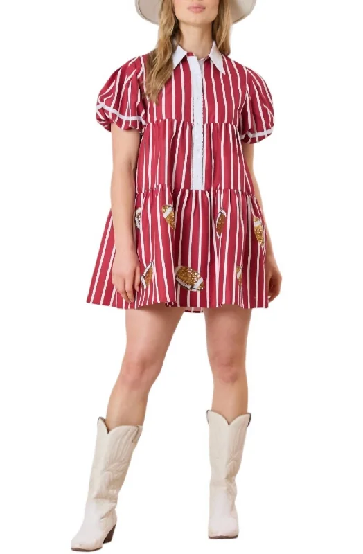 Unleash Your Fashion Save on Classic Elegant Styles Game Day Sequin Footballs Stripe Shirt Dress In Crimson