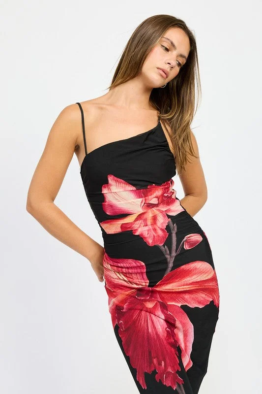 Special Offers, Don't Miss Bold Patterns Hot Girl Night Flower One Shoulder Ruched Maxi Dress