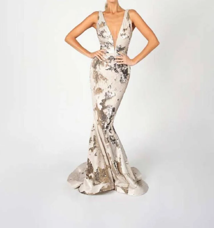 Seasonal Fashion Cottagecore Rustic Charm Style Sequin Gown In Crème/gold