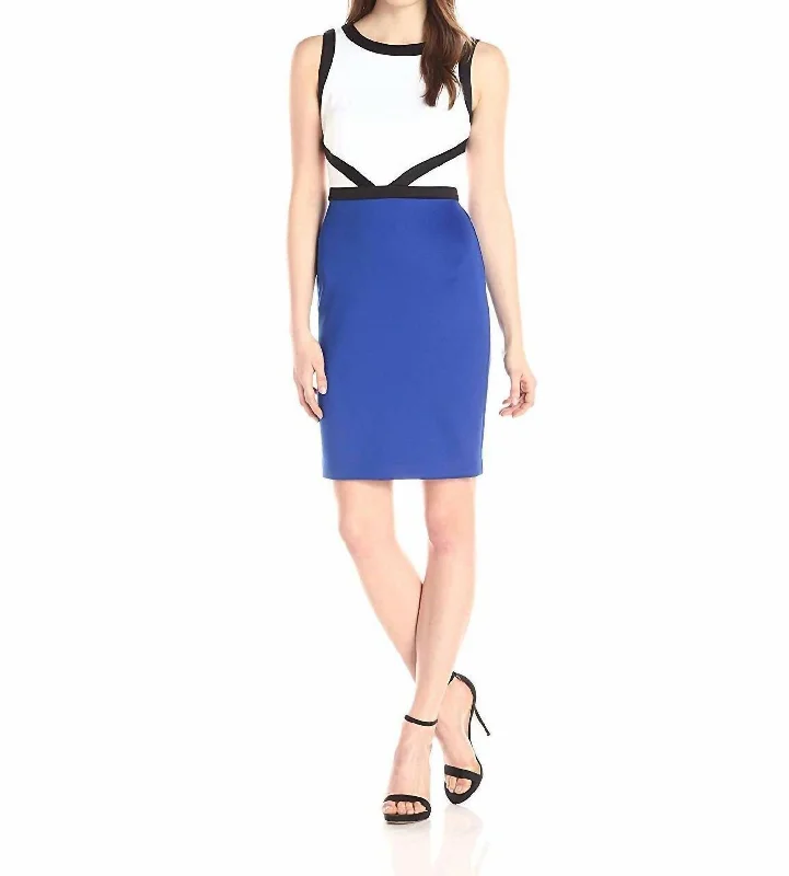 Buy More, Save More Score Big on Glamorous Red - Carpet Styles Sleeveless Fitted Sheath Neoprene Colorblock Scuba Dress In Blue/white/black