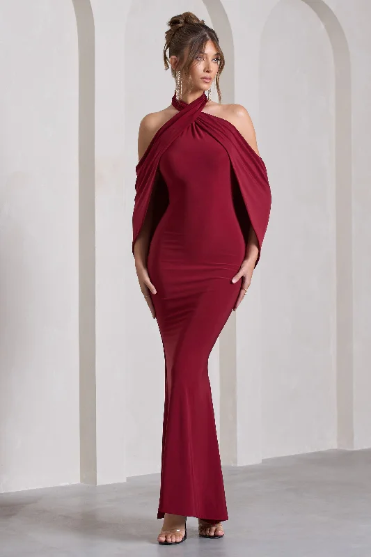 Style Redefined Modern Romance Revelation | Berry Red Crossed Halter-Neck Maxi Dress With Cape