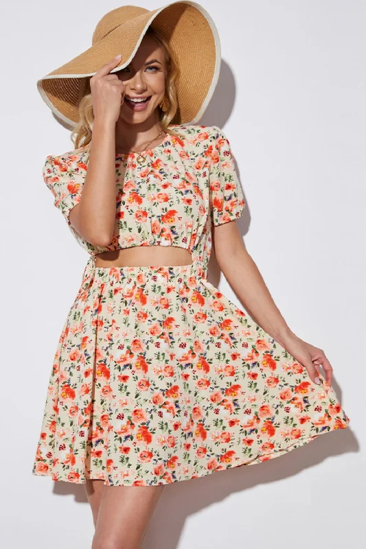 Mega Sale Mid - Week Surprise Hot Girl Floral Cutout Puff Sleeve Mini Dress