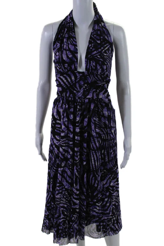 Elegant Fashion Offers Save on Inspired Styles Fuzzi Womens Purple Printed Halter Neck Sleeveless Shift Dress