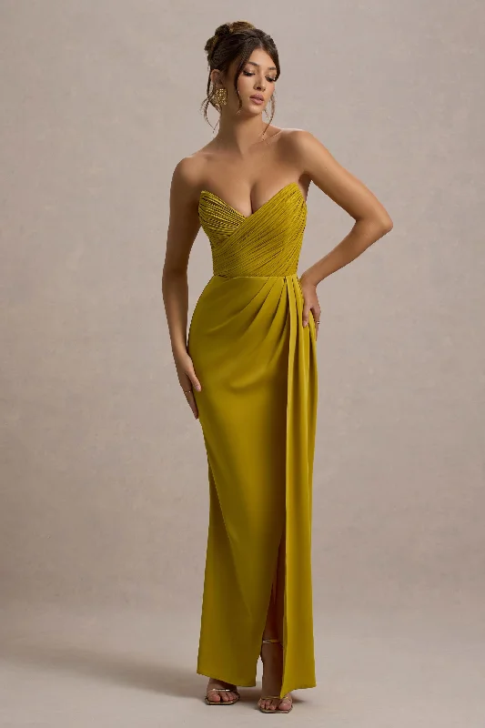 Modish Fashion Discounts Romantic Date - Night Ensemble Edel | Mustard Satin Strapless Maxi Dress With Drape