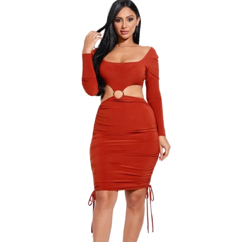 Find Your Unique Flair Elegant Details Solid Long Sleeve Ruched Short Dress With O Ring