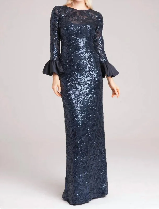 Chic Styles Disco - Inspired Retro Dance Look Long Bell Sleeve Sequin Sheath Gown In Navy