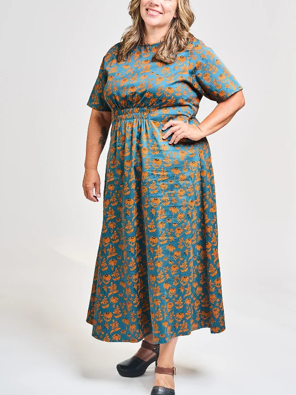 Sophisticated Fashion Dreamy Draping Artsy Traveler Plus Size Midi Dress - Teal Floral