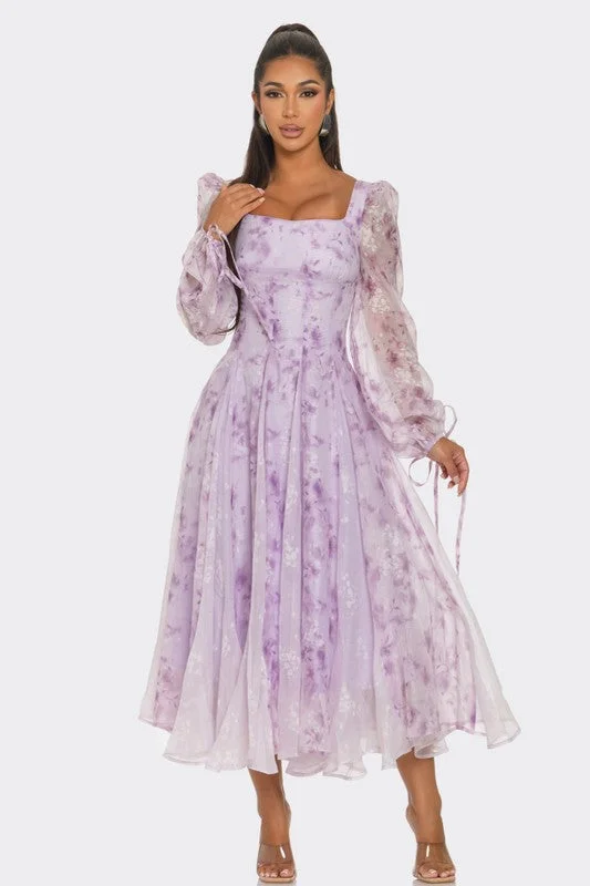 Chic And Edgy Classic Timeless Elegant Style Hot Girl Lavender Blossom Floral Puff Sleeve Midi Dress