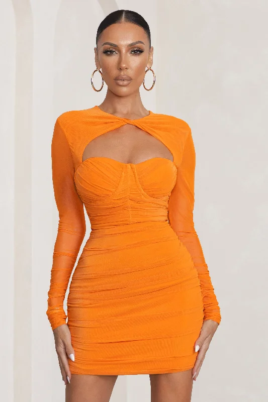 Chic Trends Unveiled Luxe Layering Daiquiri | Orange Cut Out Ruched Mesh Mini Dress With Long Sleeves