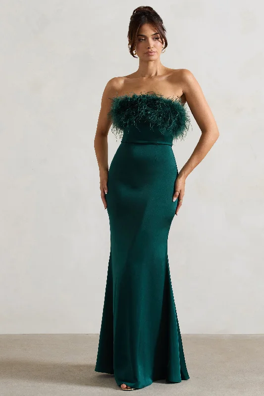 Imeless Style Everyday Glamour Dress For It | Bottle Green Satin Feather Trim Maxi Dress