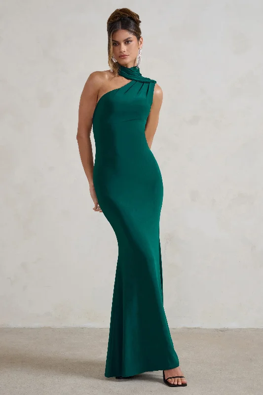 Stupidly Low Prices Save on Classic Elegant Styles Capucine | Bottle Green One Shoulder Draped Maxi Dress