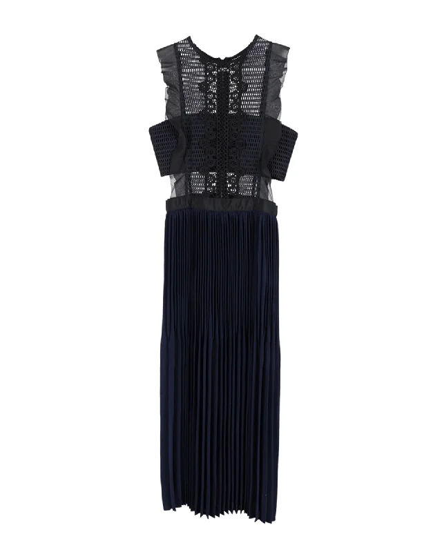 Fresh Fashion Discounts Effortless Sophistication Self-Portrait Sleeveless Pleated Lace Dress in Navy Blue Polyester