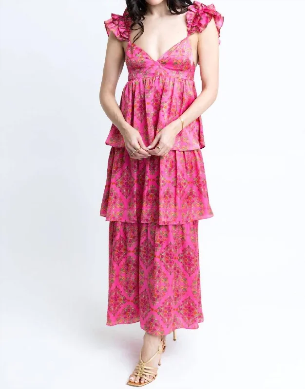 Budget-Friendly Fashion Disco - Inspired Retro Dance Look Floral Ruffle Maxi Dress In Pink