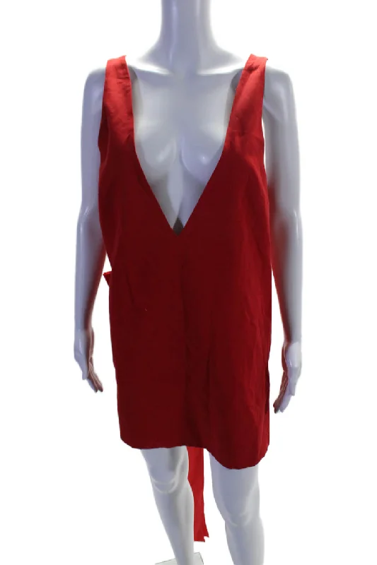 Chic Style, Always In Vogue Lightweight Fabric Staud Womens Irie Sleeveless Plunge V Neck Bow Minidress Red