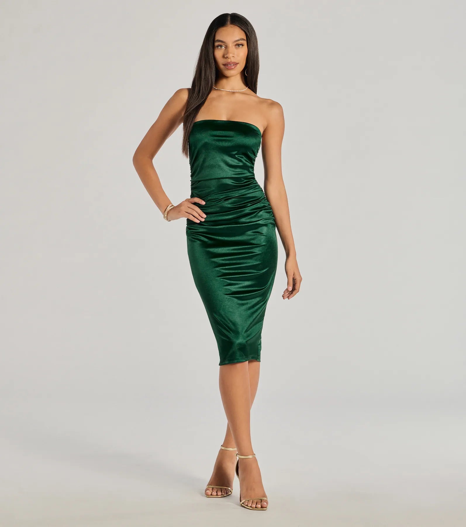 Unleash Your Style Soft Textures Luxe Sheen Strapless Ruched Satin Midi Dress